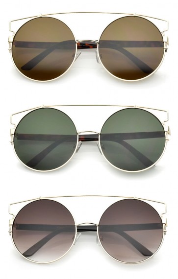 Oversize Open Metal Double Nose Bridge Round Flat Lens Aviator Sunglasses 53mm