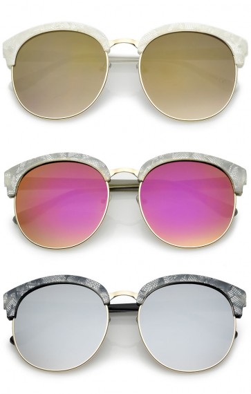 Oversize Metallic Horn Rimmed Colored Mirror Lens Half-Frame Sunglasses 58mm