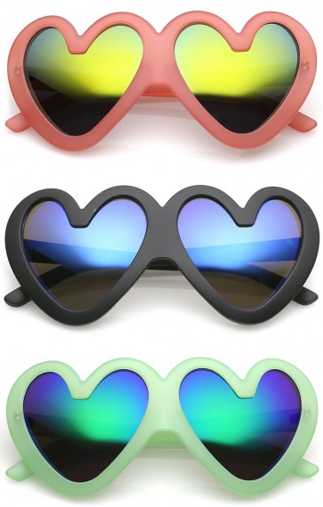 Cute Oversize Matte Finish Colored Mirror Lens Heart Sunglasses 55mm