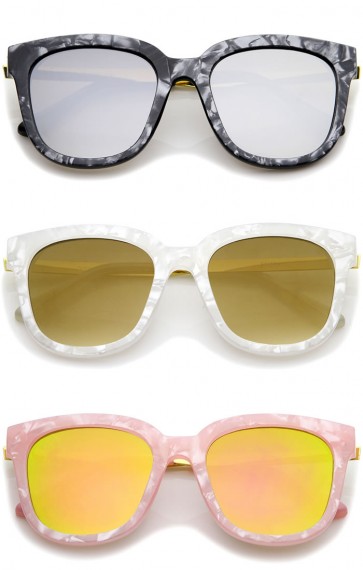 Marble Horn Rimmed Square Mirror Flat Lens Cat Eye Sunglasses 54mm