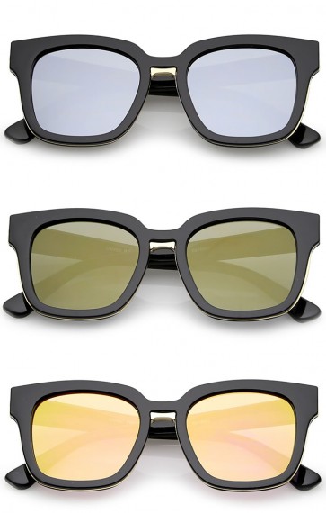 Modern Metal Trim Bridge Square Mirror Flat Lens Horn Rimmed Sunglasses 50mm