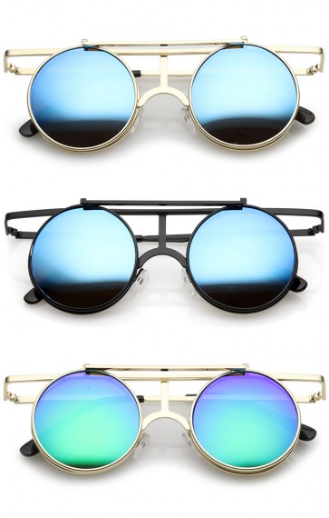 Steampunk Flip Up Cover Flat Top Colored Mirror Clear Lens Round Sunglasses 44mm