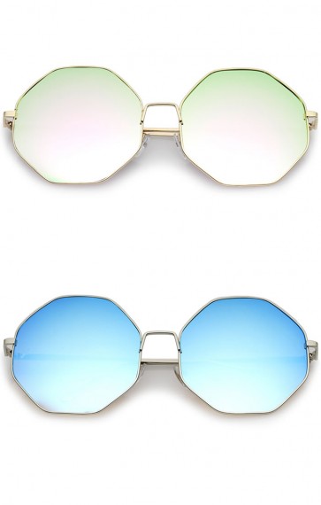 Oversize Metal Frame Slim Temple Colored Mirror Lens Hexagon Sunglasses 63mm