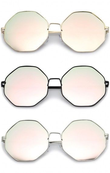 Oversize Metal Frame Slim Temple Pink Mirror Lens Hexagon Sunglasses 63mm