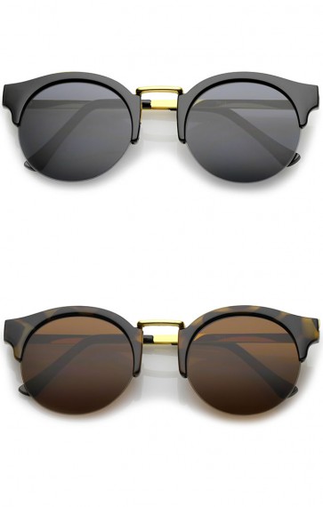 Semi-Rimless Metal Nose Bridge Trim Neutral-Colored Lens Round Sunglasses 51mm