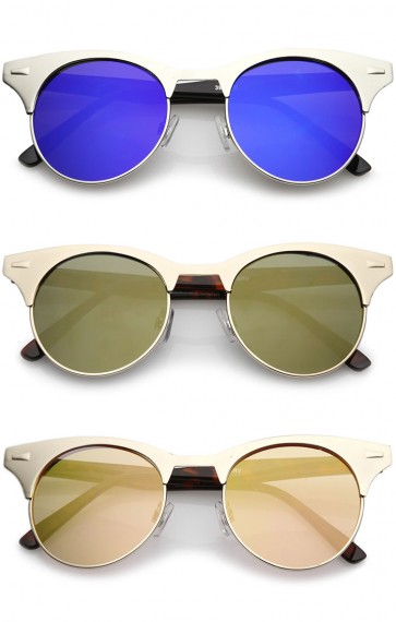 Women's Matte Finish Horn Rimmed Round Flat Mirror Lens Cat Eye Sunglasses 49mm