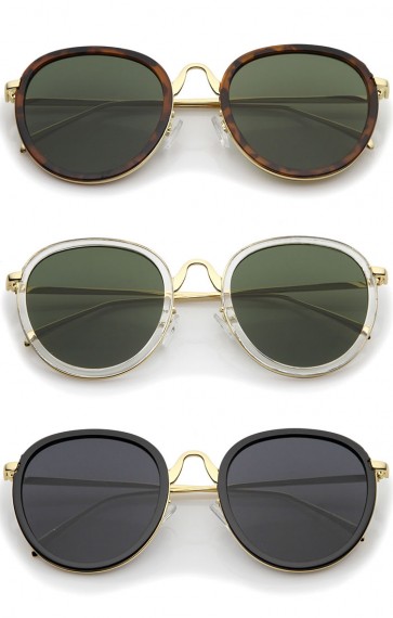 Modern Arched Metal Nose Bridge Slim Temples Flat Lens Round Sunglasses 52mm