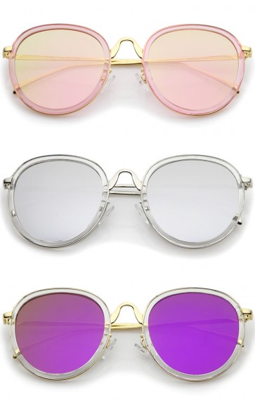 Modern Arched Bridge Slim Temple Colored Mirror Flat Lens Round Sunglasses 52mm