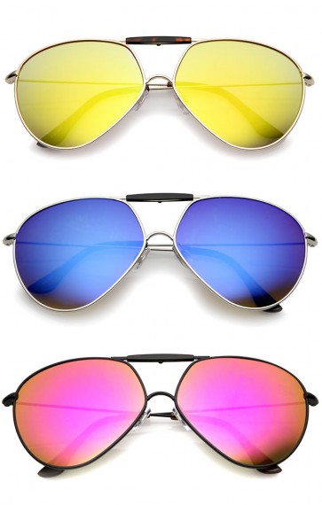 Modern Brow Bar Detail Slim Temple Metal Frame Colored Mirror Lens Aviator Sunglasses 62mm
