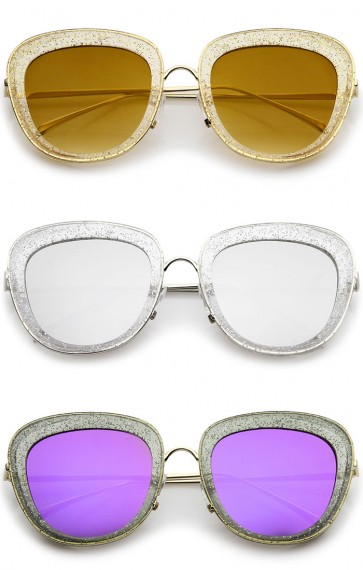 Transparent Glitter Frame Square Colored Mirror Lens Oversize Sunglasses 53mm