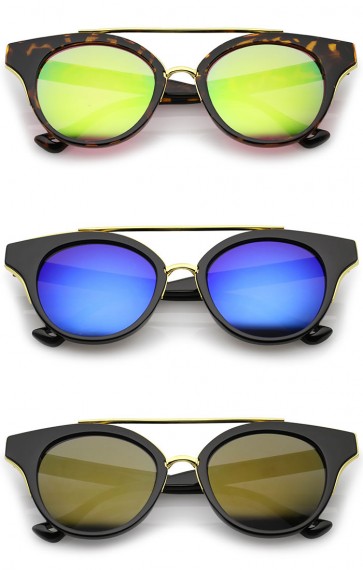 Double Nose Bridge Round Colored Mirror Lens Cat Eye Sunglasses 51mm