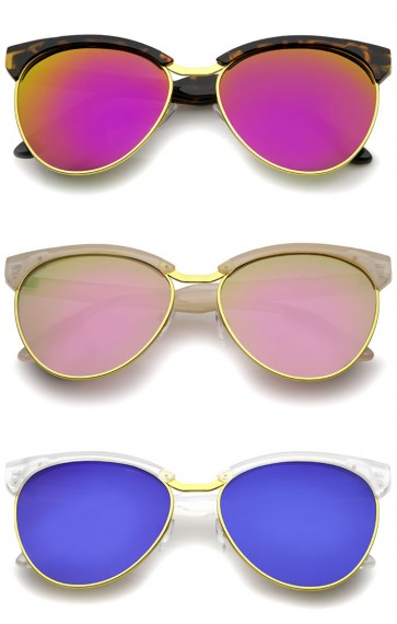 Women's Oversize Half-Frame Colored Mirror Lens Cat Eye Sunglasses 58mm