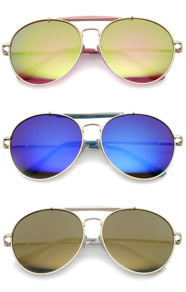 Oversize Double Nose Bridge Round Colored Mirror Lens Aviator Sunglasses 58mm