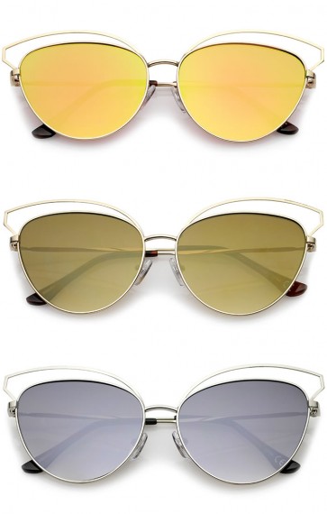 Women's Open Metal Frame Colored Mirror Oversize Cat Eye Sunglasses 58mm