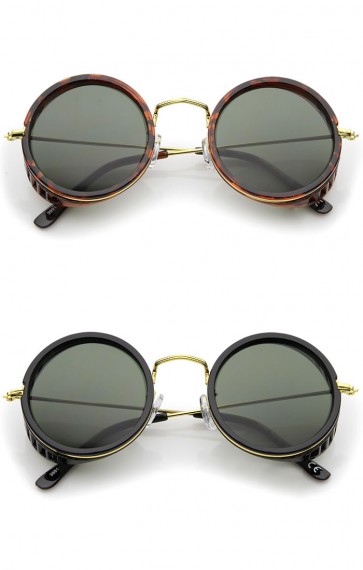 Retro Steampunk Side Cover With Cutouts Thin Metal Temples Round Sunglasses 47mm