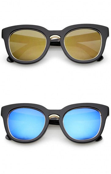 Women's Metal Bridge Trim Colored Mirror Flat Lens Cat Eye Sunglasses 50mm