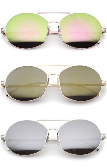 Modern Thin Metal Frame Brow Bar Colored Mirror Lens Round Sunglasses 59mm