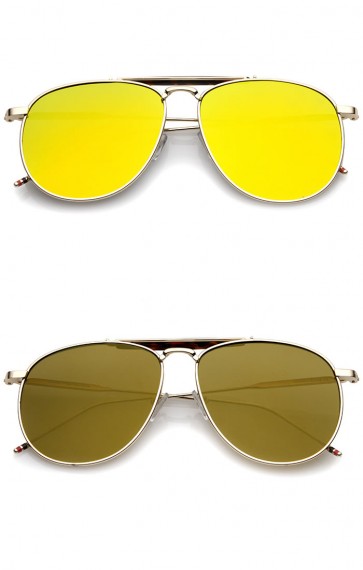 Oversize Metal Double Nose Bridge Slim Temple Colored Mirror Super Flat Lens Aviator Sunglasses 57mm