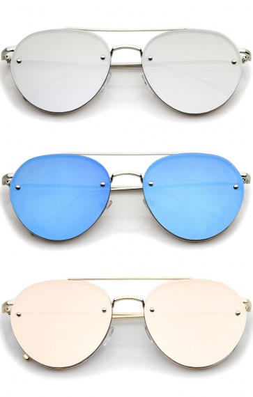Modern Slim Temple Brow Bar Rimless Colored Mirror Flat Lens Aviator Sunglasses 59mm