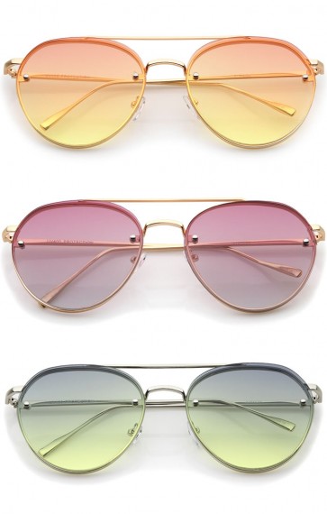 Modern Temple Brow Bar Rimless Gradient Colored Flat Lens Aviator Sunglasses 59mm