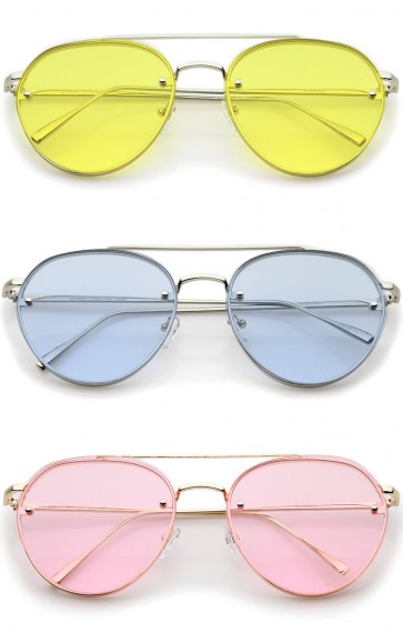 Modern Slim Temples Brow Bar Rimless Colored Flat Lens Aviator Sunglasses 59mm