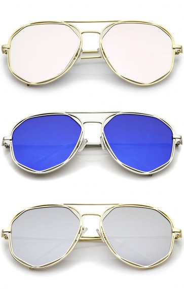 Geometric Hexagonal Metal Frame Colored Mirror Flat Lens Aviator Sunglasses 60mm