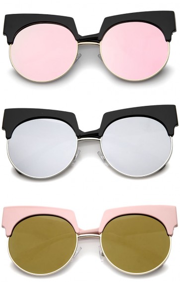 Bold Wide Temple Colored Mirror Round Lens Half-Frame Cat Eye Sunglasses 57mm