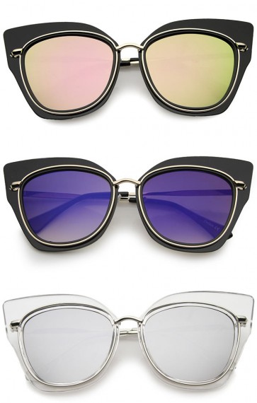 Women's Oversize Open Metal Colored Mirror Flat Lens Cat Eye Sunglasses 57mm