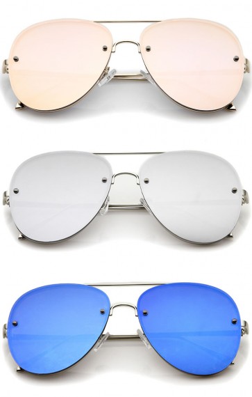Modern Slim Metal Frame Brow Bar Colored Mirrored Flat Lens Aviator Sunglasses 60mm