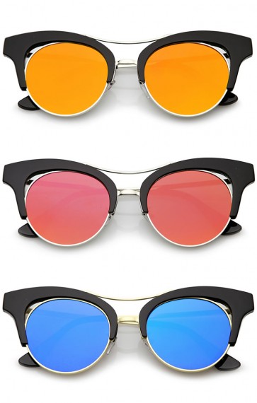 Women's Oversize Cutout Brow Bar Mirror Round Flat Lens Cat Eye Sunglasses 51mm