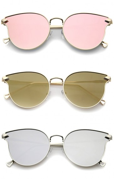 Women's Metal Frame Arrow Temples Colored Mirror Flat Lens Cat Eye Sunglasses 58mm