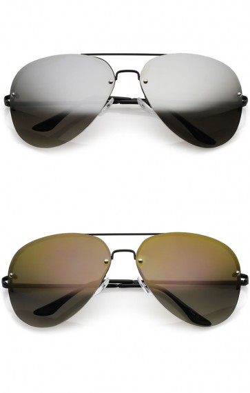 Oversize Metal Rimless Double Crossbar Mirrored Lens Aviator Sunglasses 65mm