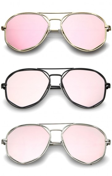 Geometric Hexagonal Metal Frame Colored Mirror Flat Lens Aviator Sunglasses 60mm