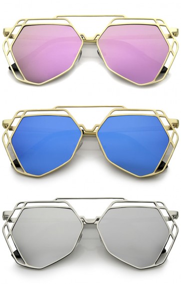 Modern Geometric Metal Frame Colored Mirror Flat Lens Hexagonal Sunglasses 56mm