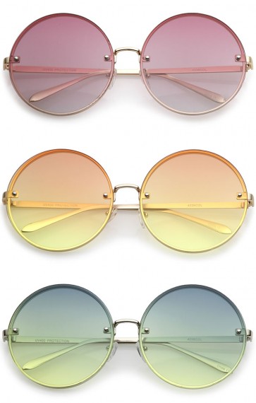 Oversize Rimless Slim Metal Temple Colored Gradient Flat Lens Round Sunglasses 65mm