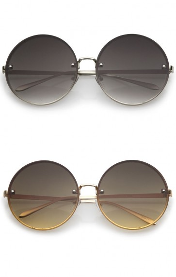 Oversize Rimless Slim Metal Temple Neutral Colored Flat Lens Round Sunglasses 65mm