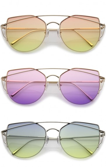 Women's Semi Rimless Metal Brow Bar Round Colored Flat Lens Cat Eye Sunglasses
