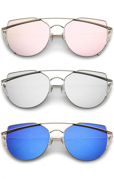 Women's Semi Rimless Metal Brow Bar Round Mirrored Flat Lens Cat Eye Sunglasses