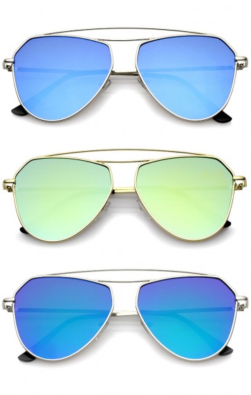 Modern Metal Frame Double Bridge Colored Mirror Flat Lens Aviator Sunglasses 52mm
