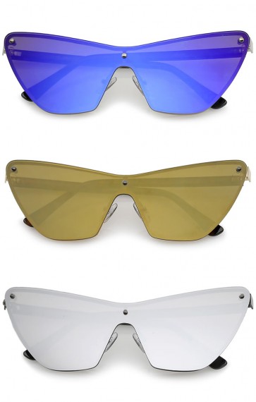 Oversize Rimless Colored Mirror Mono Lens Shield Cat Eye Sunglasses 68mm
