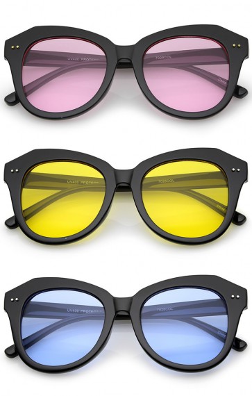 Women's Oversize Horn Rimmed Colored Round Lens Cat Eye Sunglasses 52mm