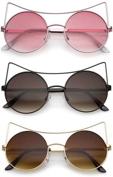 Women's Oversize Open Metal Gradient Round Flat Lens Cat Eye Sunglasses 54mm