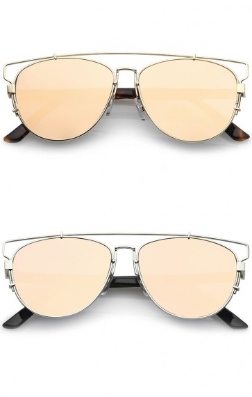 Women's Metal Crossbar Pink Mirror Flat Lens Technologic Aviator Sunglasses 55mm