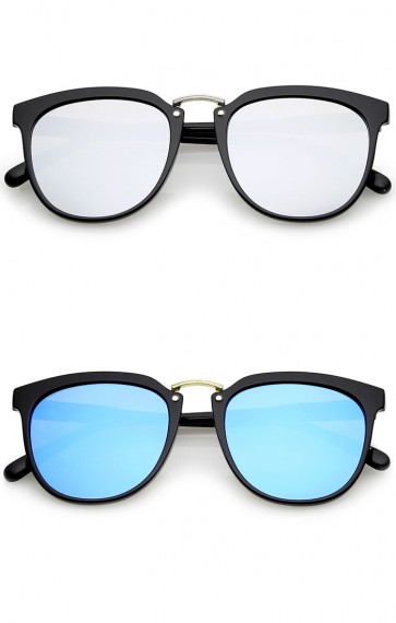 Classic Metal Bridge Square Mirrored Flat Lens Horn Rimmed Sunglasses 55mm
