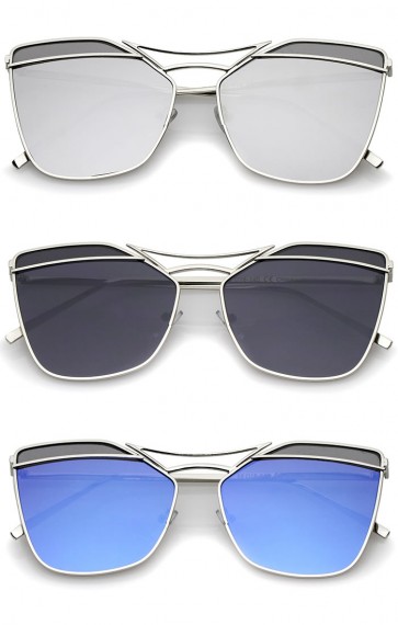 Modern Metal Double Nose Bridge Mirror Flat Lens Square Sunglasses 56mm