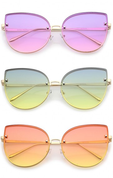 Women's Oversize Slim Metal Rimless Gradient Flat Lens Cat Eye Sunglasses 61mm