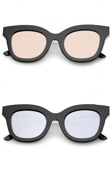 Oversize Slim Temple Metal Square Mirrored Flat Lens Cat Eye Sunglasses 48mm
