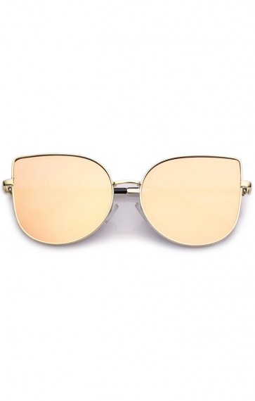 Women's Oversize Metal Pink Mirror Flat Lens Cat Eye Sunglasses 58mm