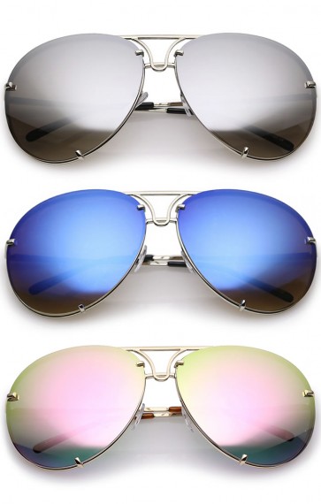 Oversize Rimless Metal Slim Arms Colored Mirror Lens Aviator Sunglasses 68mm