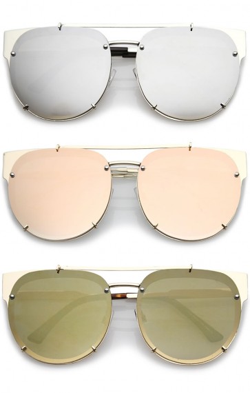 Oversize Metal Double Nose Bridge Horn Rimmed Super Flat Mirrored Lens Round Sunglasses 60mm